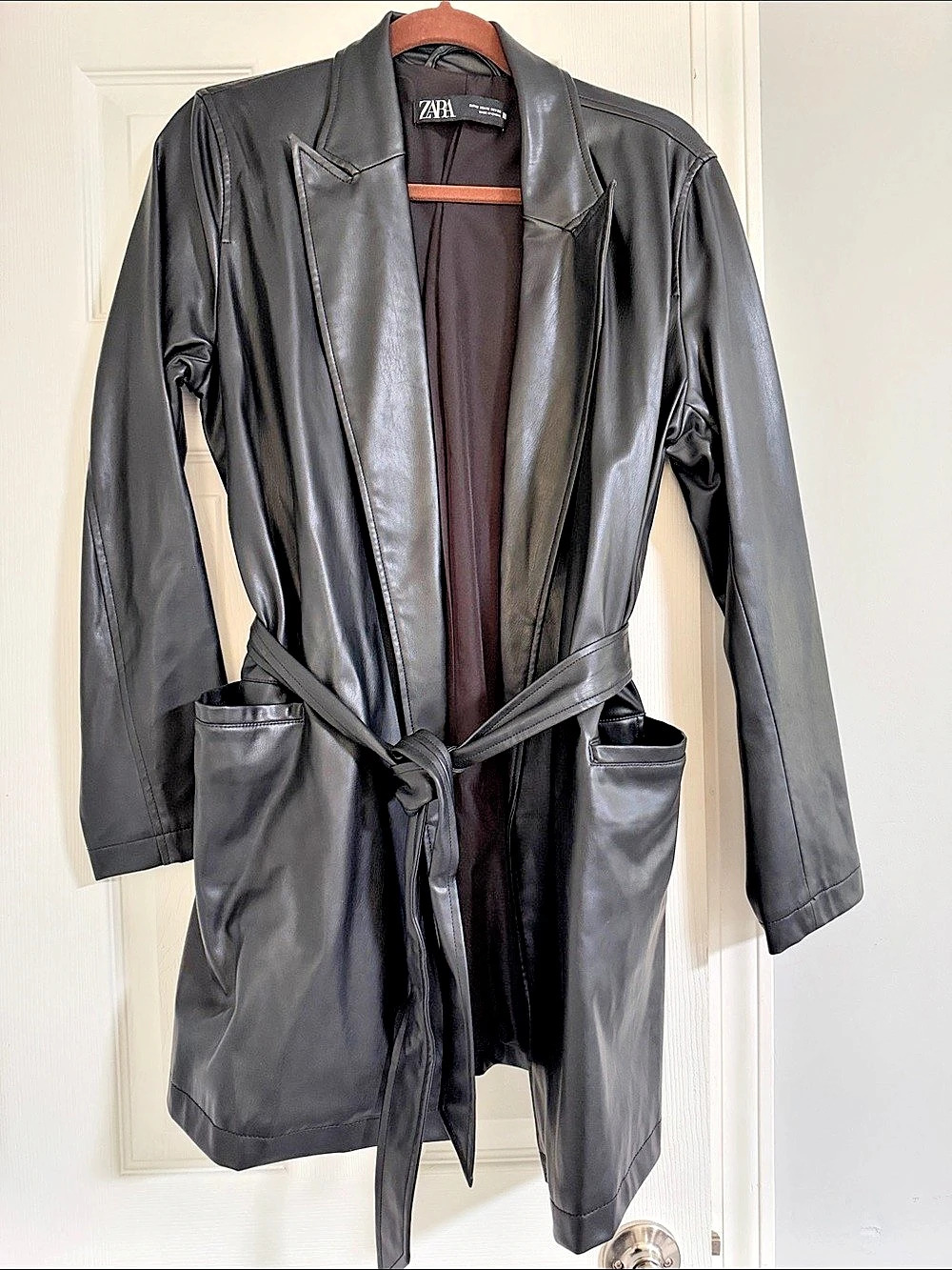 Zara Faux Leather Belted Jacket Black Size Medium
